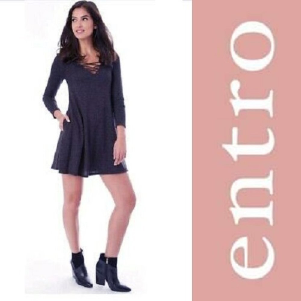 ENTRO Sweater Dress A Line Stretch Knit Heather S